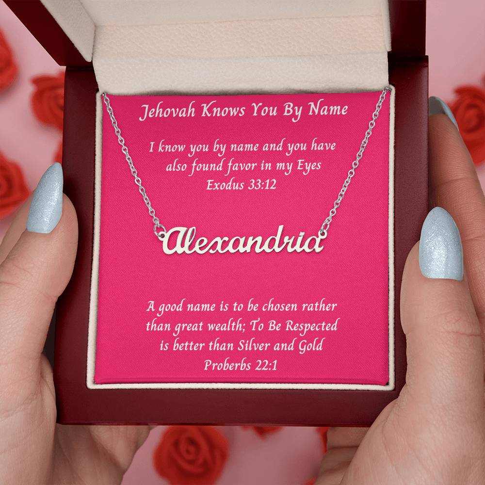 Personalized name necklace with Alexandria in cursive, packaged in a gift box with a biblical message.