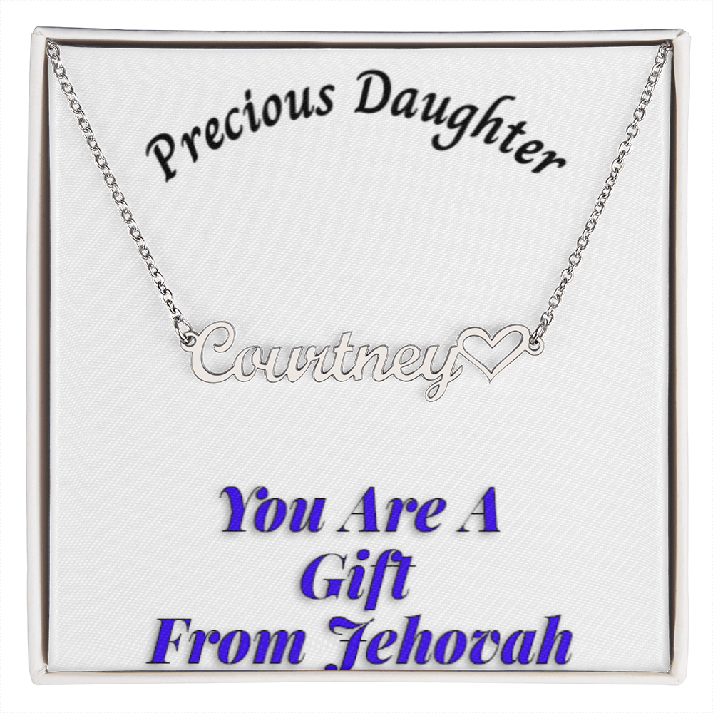 Customizable name necklace with "Precious Daughter" message card, featuring a heart symbol on an adjustable chain.