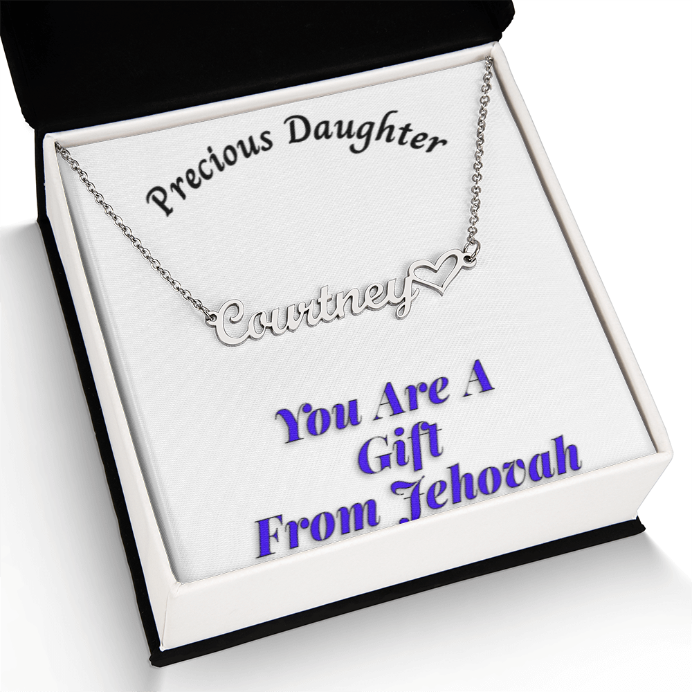 Customizable heart necklace with "Precious Daughter" message, perfect personalized gift.