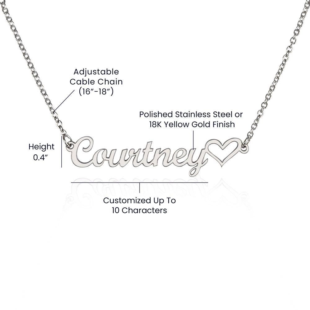 Customizable name heart pendant necklace with adjustable cable chain and cursive design.