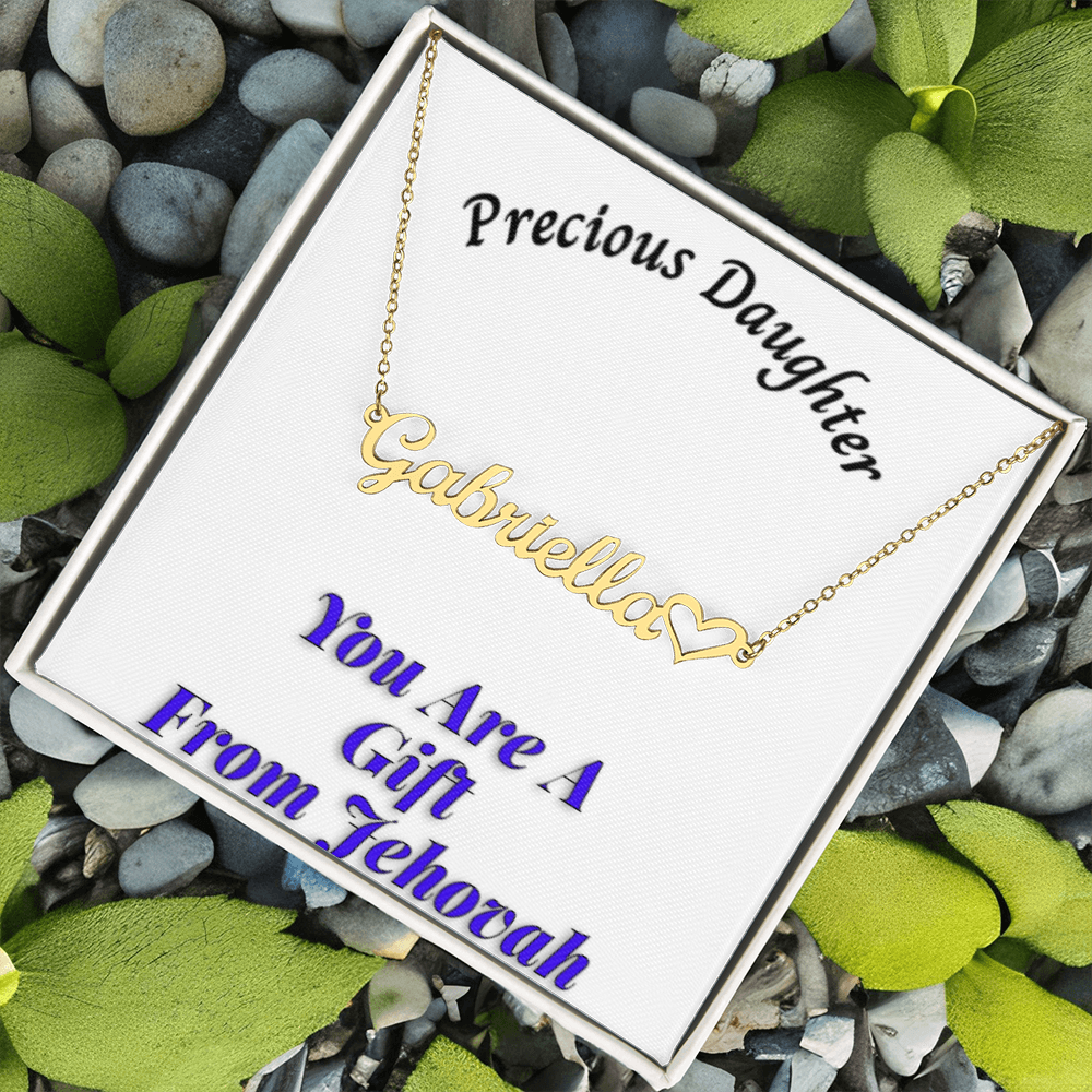 Customizable necklace with "Precious Daughter" message card, featuring a cursive name and heart design on an adjustable chain, displayed on textured background with green leaves.