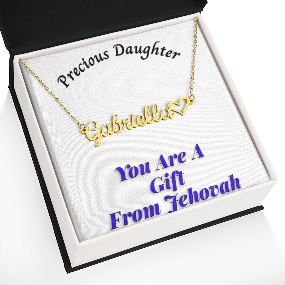 Customizable gold necklace with "Precious Daughter" message and heart design.