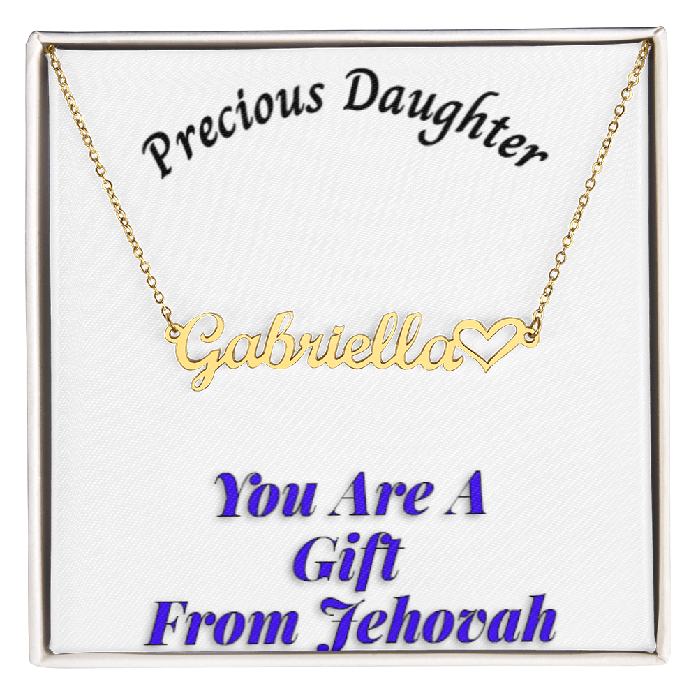 Customizable necklace with "Precious Daughter" message card, featuring a cursive name and heart symbol on adjustable chain.