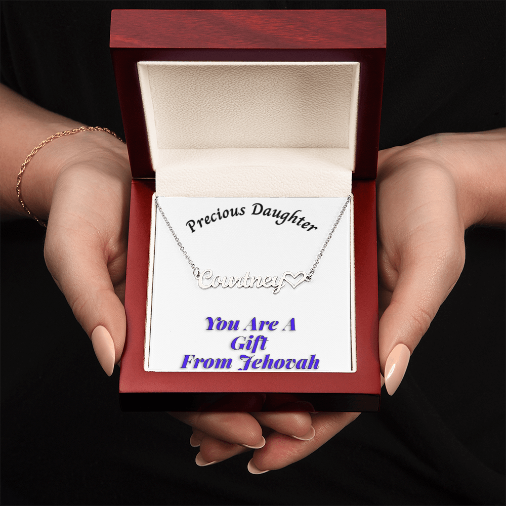 Customizable necklace with "Precious Daughter" message card in gift box.