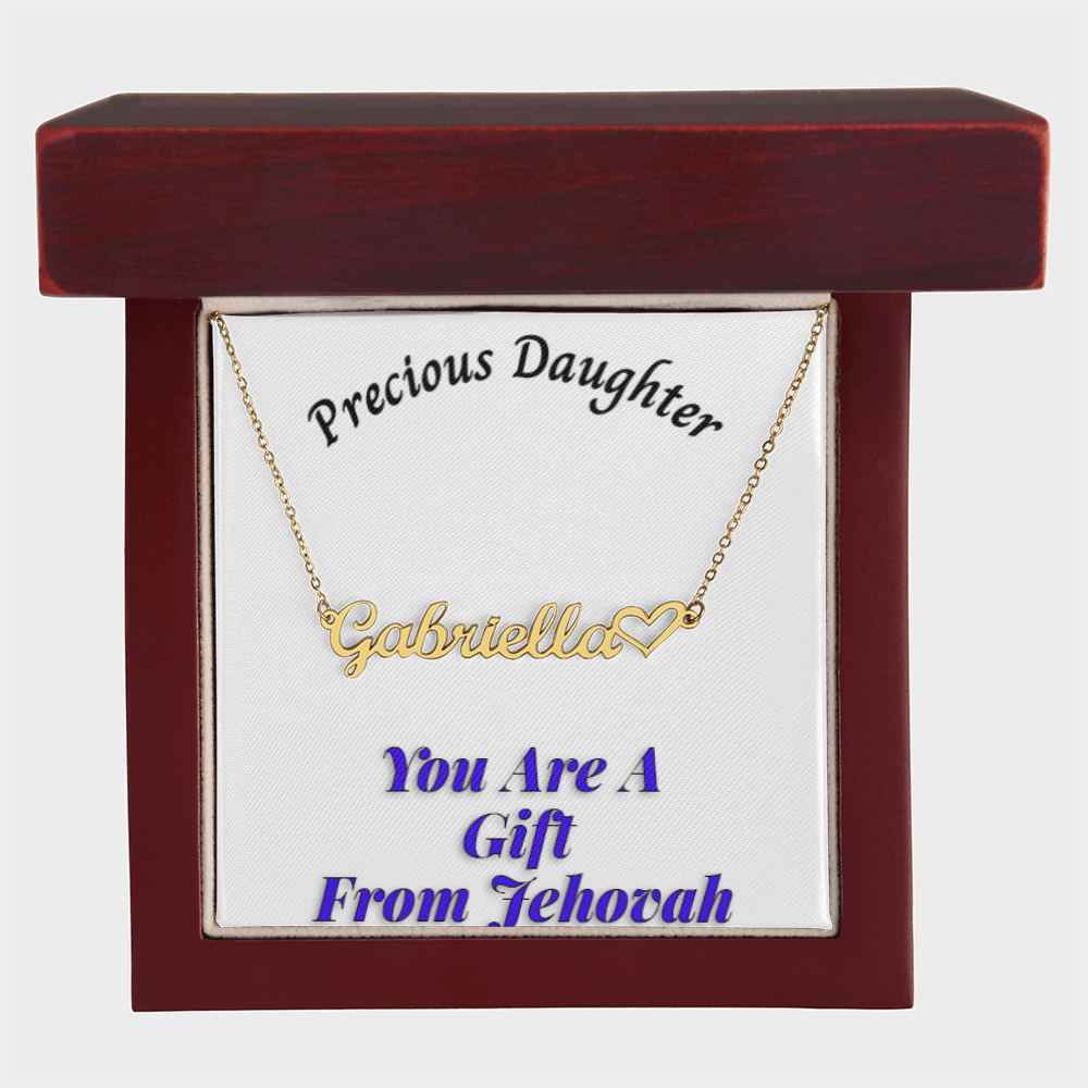 Custom "Precious Daughter" heart necklace in gold with message card.