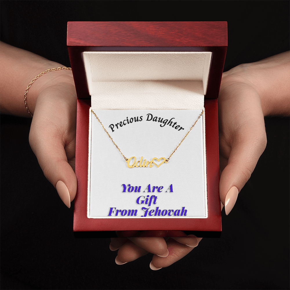 Customizable heart necklace with "Precious Daughter" message card in luxury box.