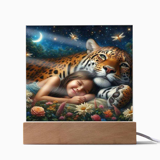 Acrylic LED Night Light featuring a girl with a tiger in a paradise setting, on a wooden base with customizable colors.