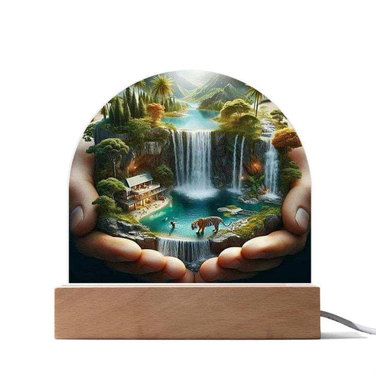 Acrylic LED Night Light with Paradise design, premium acrylic, wooden LED base, customizable vibrant colors.