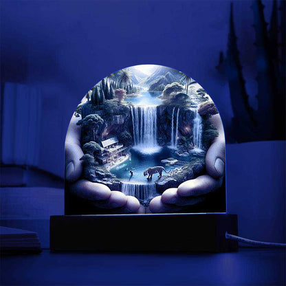 Acrylic LED night light with paradise design, featuring waterfall scene on a wooden base, customizable with 7 colors.