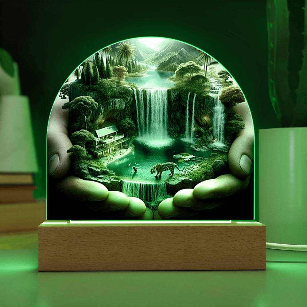 Acrylic LED nightlight plaque with paradise design on wooden base, featuring customizable 7-color lighting.