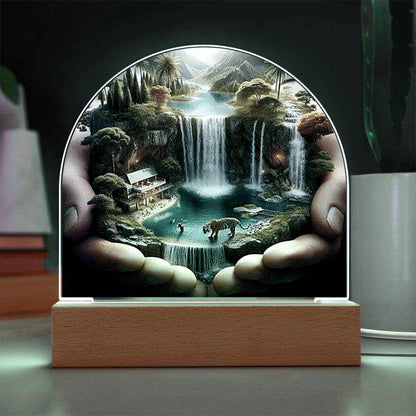 Acrylic LED nightlight featuring a paradise design with waterfalls, tiger, and house, set on a wooden LED base.