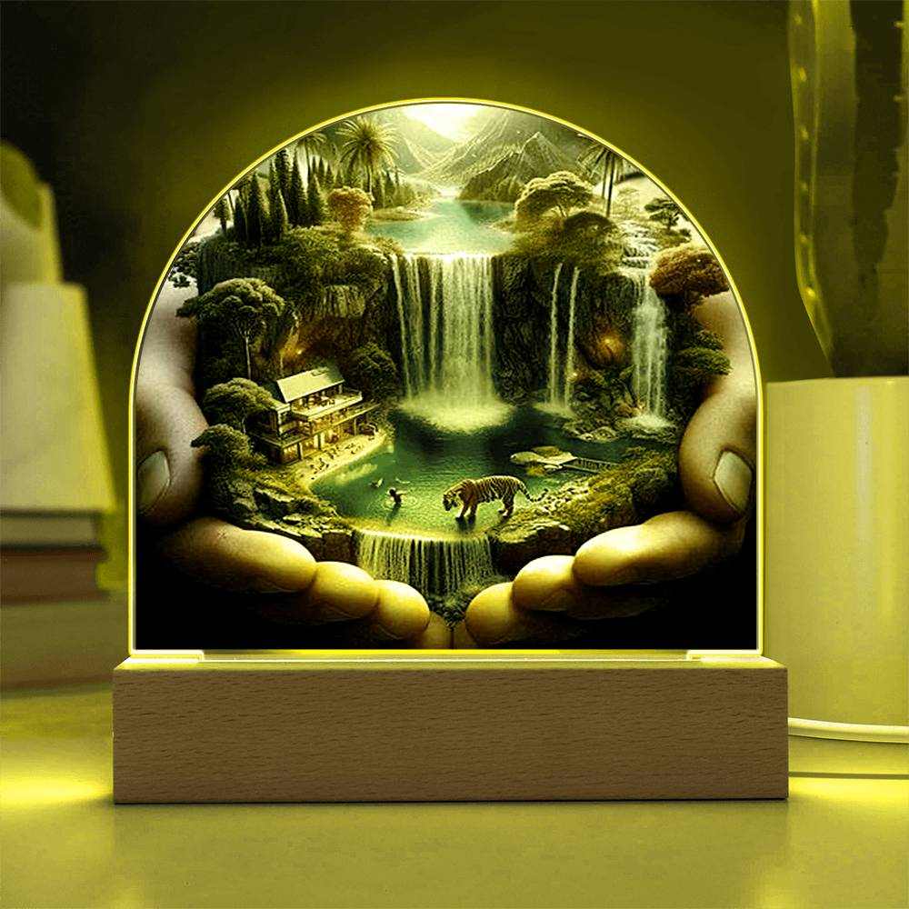 Acrylic LED nightlight plaque featuring a paradise scene with waterfalls and a tiger, set on a wooden base with customizable LED colors.