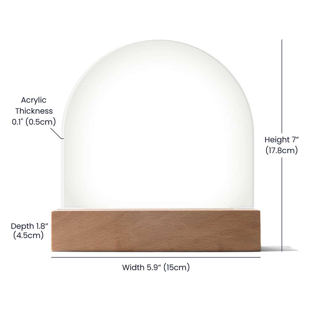 Acrylic LED Night Light with wooden base and dome shape, featuring customizable vibrant colors, 7" height, 5.9" width.