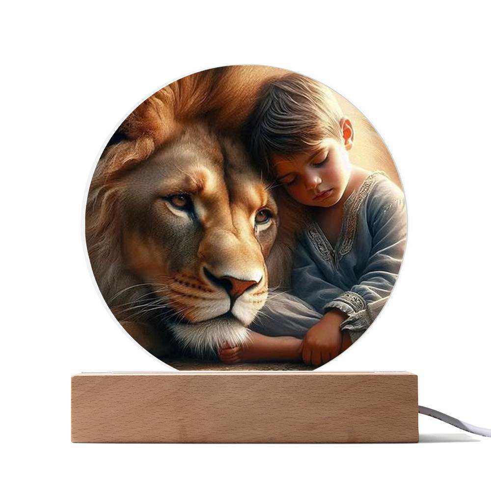 Acrylic LED night light featuring a printed lion and boy design on a wooden base with customizable lighting options.