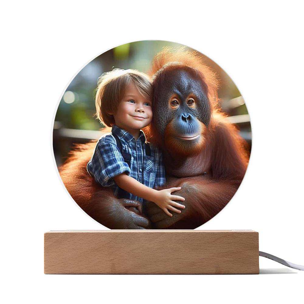 Acrylic LED night light with a boy hugging an orangutan, featuring a vibrant printed design on a circular plaque with a wooden LED base.