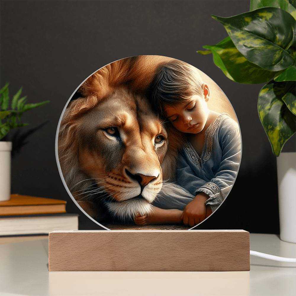 Acrylic LED night light featuring lion and boy design on wooden LED base.