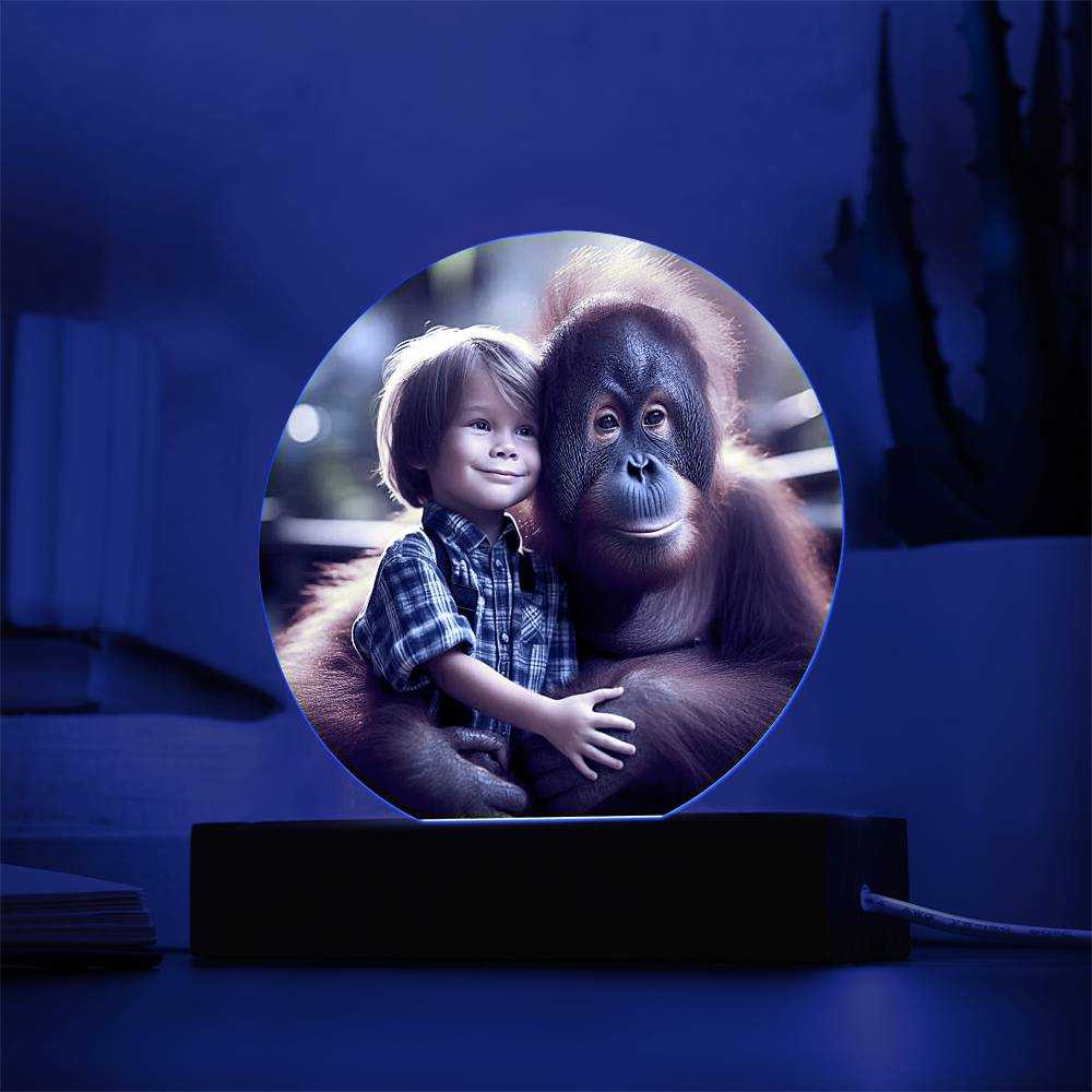 Acrylic LED night light with a boy hugging an orangutan on a circular plaque.