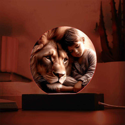 Acrylic LED Night Light with Lion and Boy on Wooden Base, 7 Vibrant Colors.