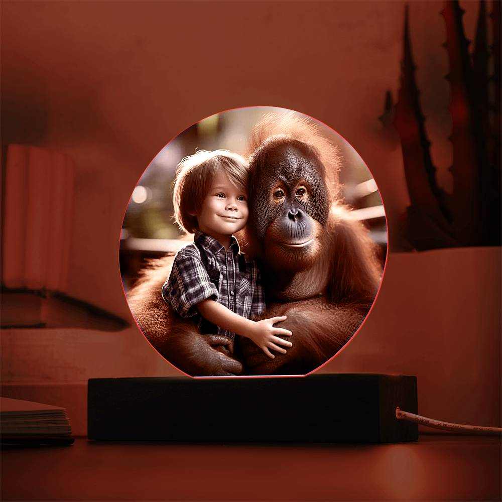 Acrylic LED nightlight featuring a boy hugging an orangutan on a wooden LED base.