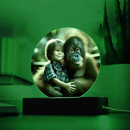 Acrylic LED nightlight plaque featuring a boy hugging an orangutan with green LED lighting.