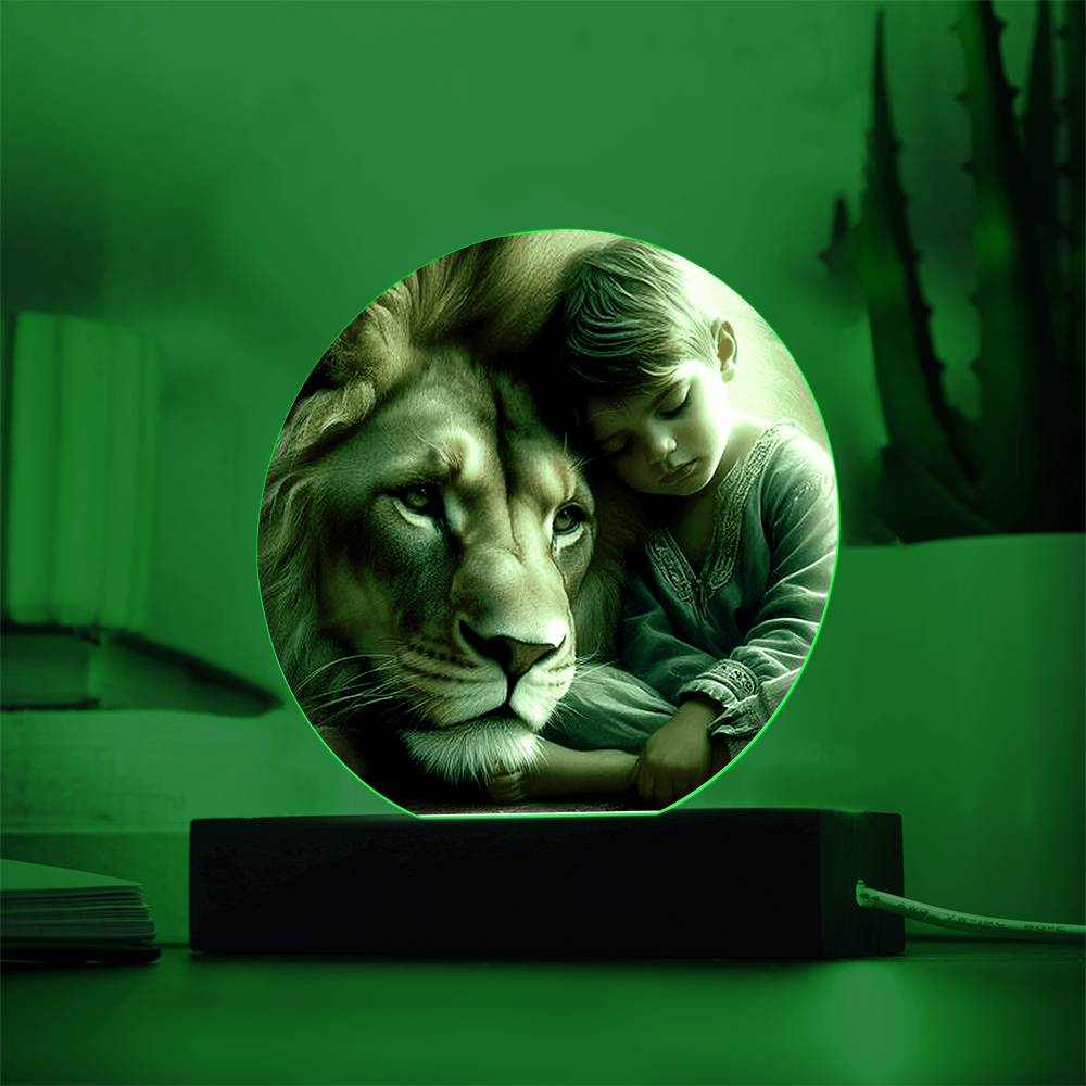 Acrylic LED nightlight with lion and boy design on wooden base, customizable colors.