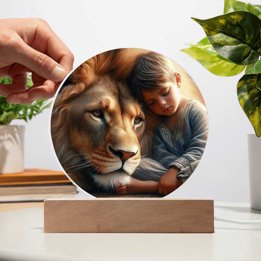 Acrylic LED Night Light featuring lion and boy on wooden base, customizable colors.