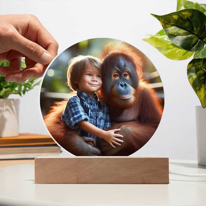 Acrylic LED night light featuring a boy with orangutan, circle plaque, premium acrylic design, wooden LED base.