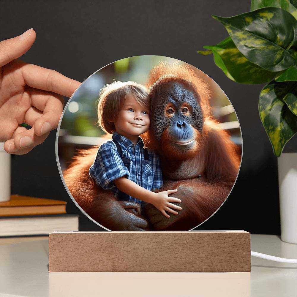 Acrylic LED nightlight plaque featuring a boy hugging an orangutan with vibrant design, customizable LED base, and premium acrylic construction.