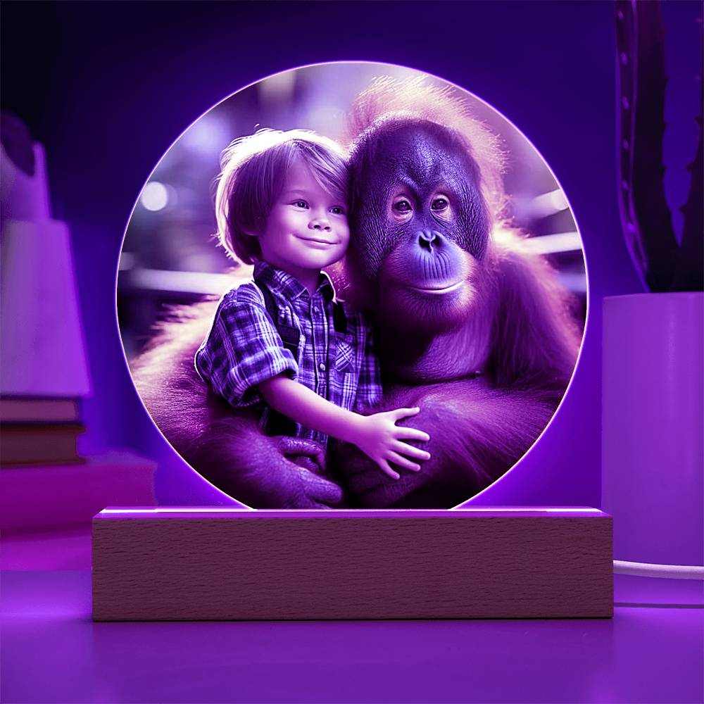 Acrylic LED night light featuring a boy with an orangutan, premium acrylic with vibrant design, wooden LED base.