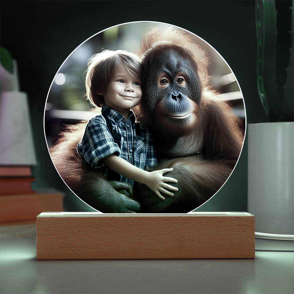 Acrylic LED nightlight plaque featuring a boy hugging an orangutan on a wooden base, customizable lighting, perfect decorative gift.