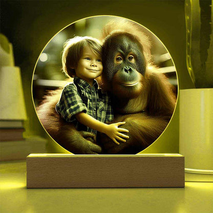 Acrylic LED nightlight featuring a boy with an orangutan, vibrant printed design on premium acrylic with a wooden LED base.