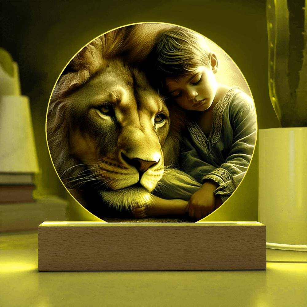 Acrylic LED nightlight plaque with lion and boy design on wooden LED base.