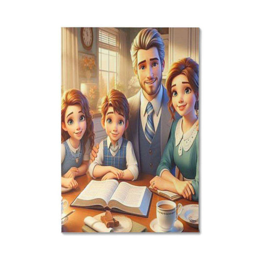 Matte canvas wall art featuring a family studying the Bible, gallery wrapped and vibrant.