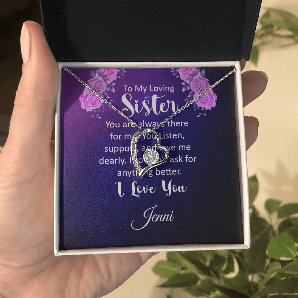 Necklace with heart pendant and cubic zirconia, personalized message card for sister in gift box.