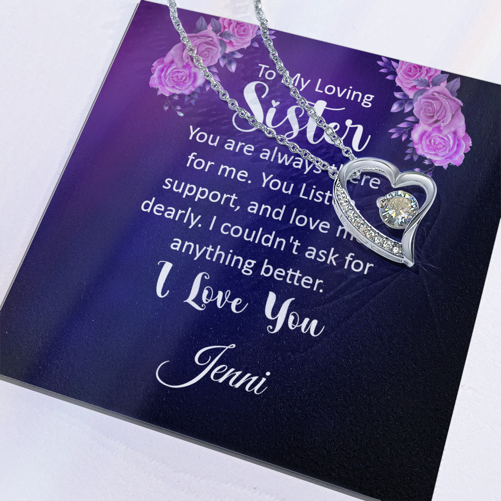 Necklace with heart pendant and personalized message card for sister.