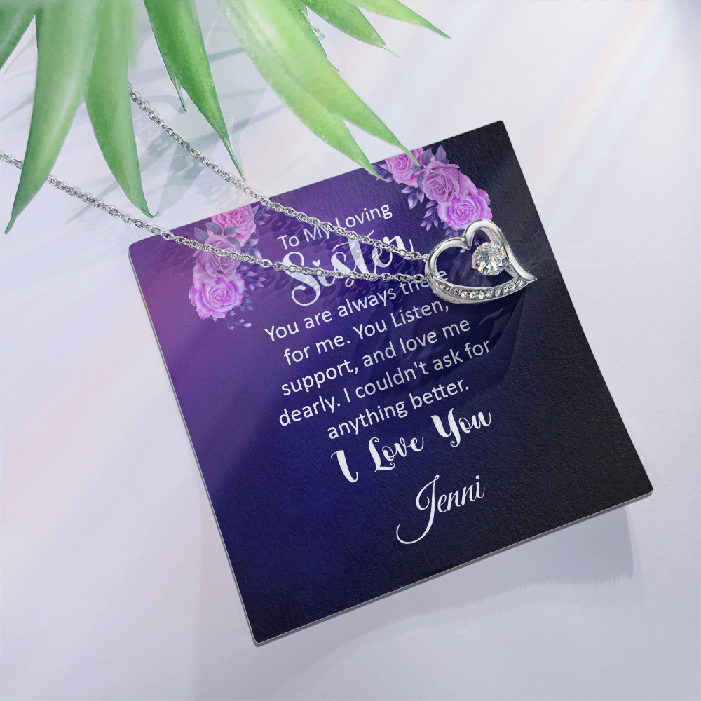 Forever Love Necklace with heart pendant and message card for sister gift.