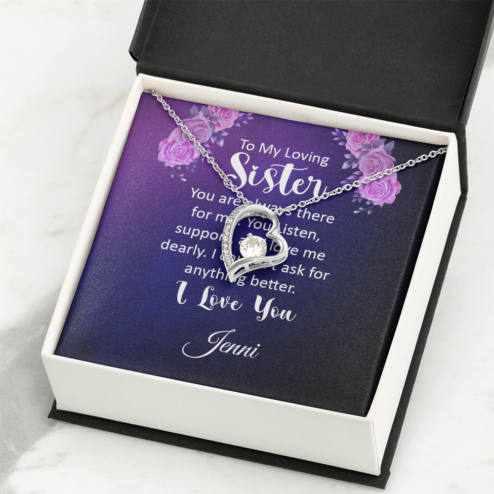 Forever Love Necklace with Personalization for Sister, featuring heart-shaped pendant and message card in gift box.