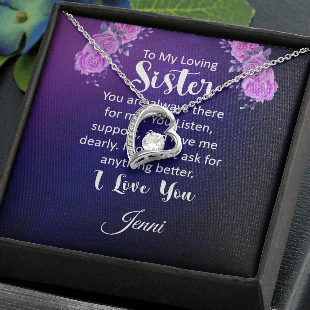 Heart pendant necklace with personalized message card for sister.