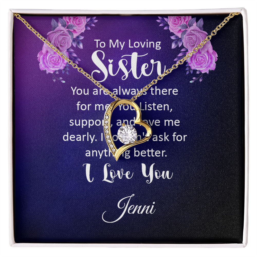 Gold heart necklace with cubic zirconia, personalized message card for sister.