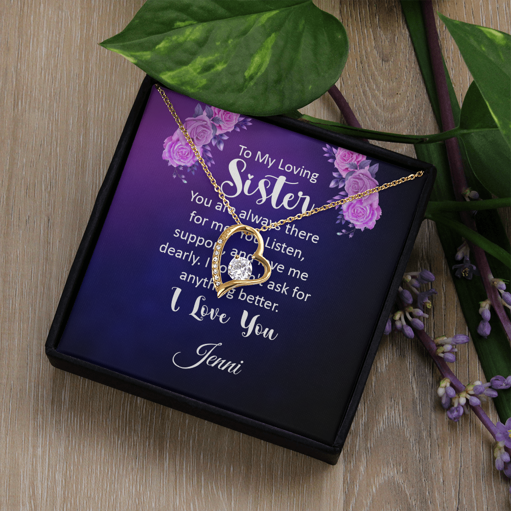 Forever Love Necklace for Sister with Personalized Message Card, Heart Pendant, Gold Finish