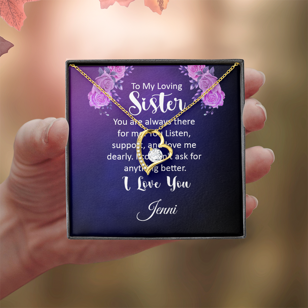 Necklace gift for sister with personalized message card in a presentation box.