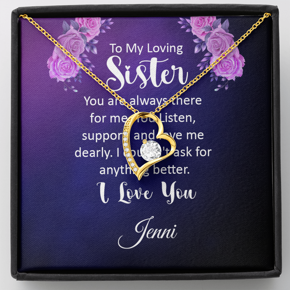 Forever Love Necklace on message card with personalization for sister, 6.5mm CZ crystal heart pendant, gold finish.