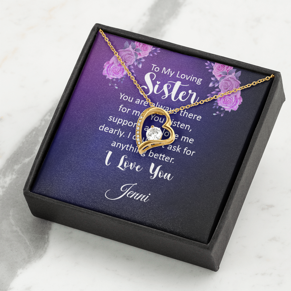 Forever Love Necklace for Sister with personalized message card in a gift box.