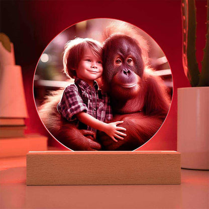 Acrylic LED night light with boy and orangutan design on wooden base.