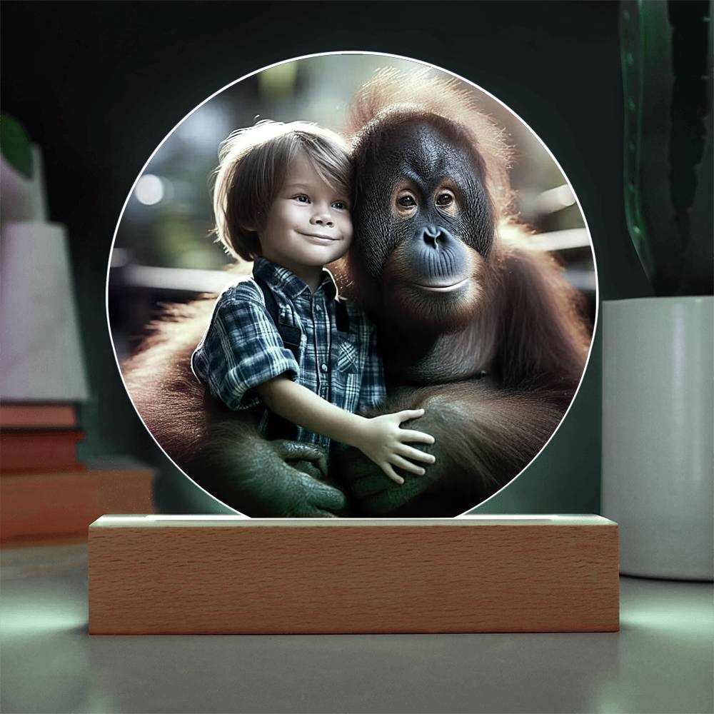 Acrylic LED night light featuring a boy with an orangutan, on a wooden base with vibrant color options.