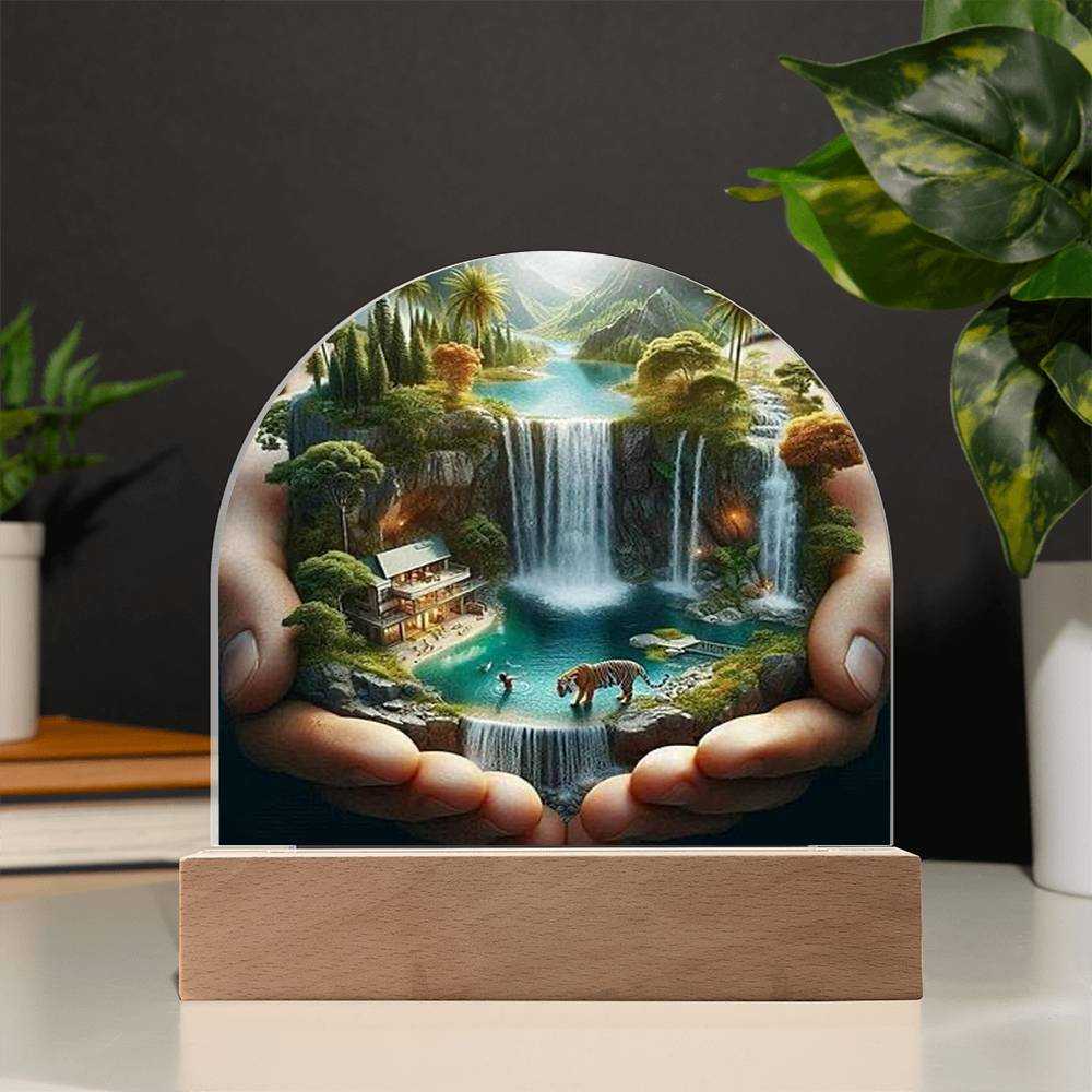 Acrylic LED night light featuring a paradise scene with wooden base.