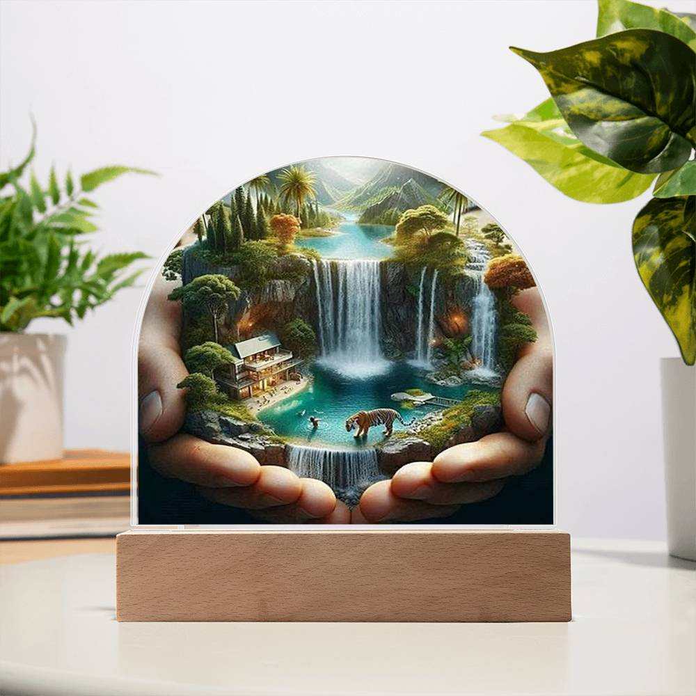 Acrylic LED night light with paradise design, premium acrylic, wooden LED base, 7 vibrant colors, customizable lighting.