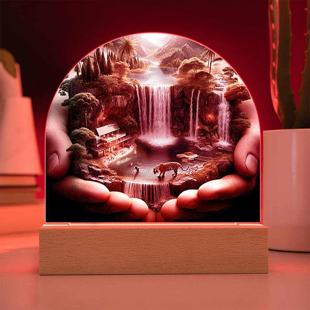 Acrylic LED night light with paradise design on a wooden base, featuring vibrant color options.