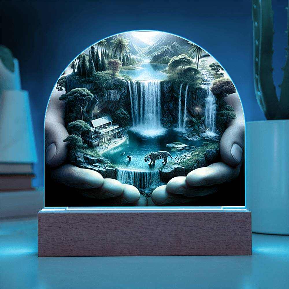 Acrylic LED night light featuring a paradise scene with waterfalls and lush greenery, on a wooden LED base.