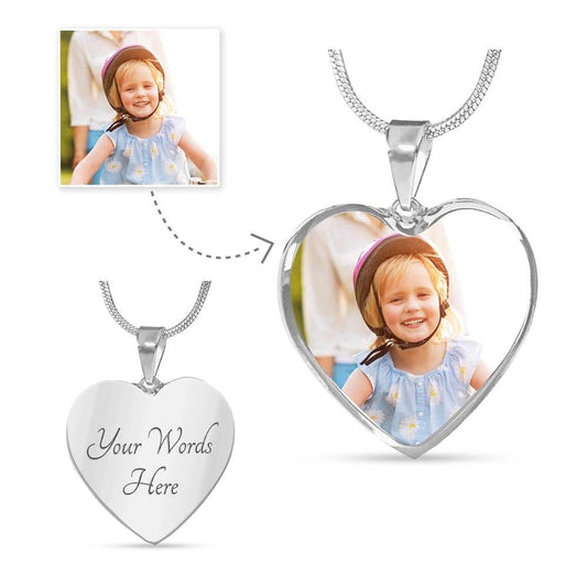 Heart-shaped personalized necklace in gold or silver with custom photo and engraving options, featuring adjustable luxury chain.